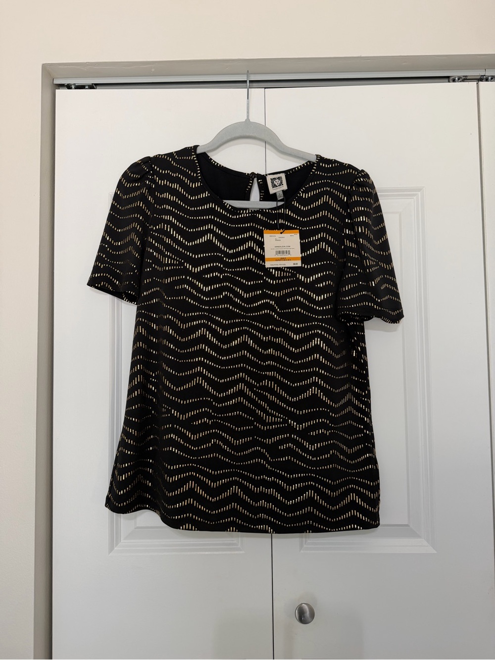 Anne Klein Black Short Sleeve Top with Gold Wave Dots NWT